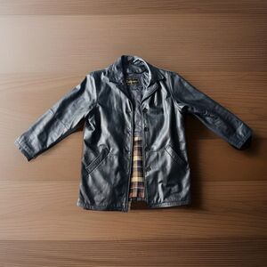 Raffaelo Black Leather Jacket Plaid Lined Button Front Women’s PS Pea Coat
